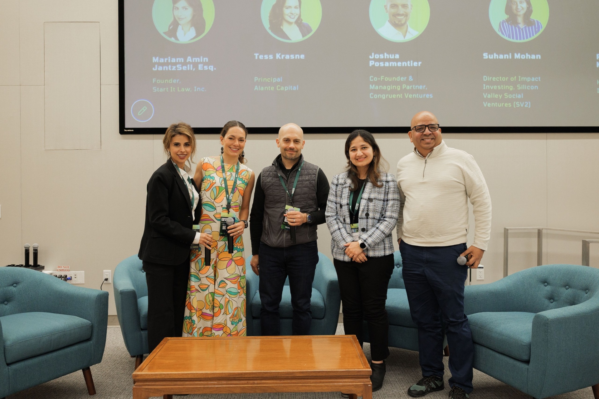 Capital Day jury group photo at UC Law SF — Mariam Amin JantzSell, Tess Krasne, Joshua Posamentier, Suhani Mohan and Ramkumar Krishnan together on stage