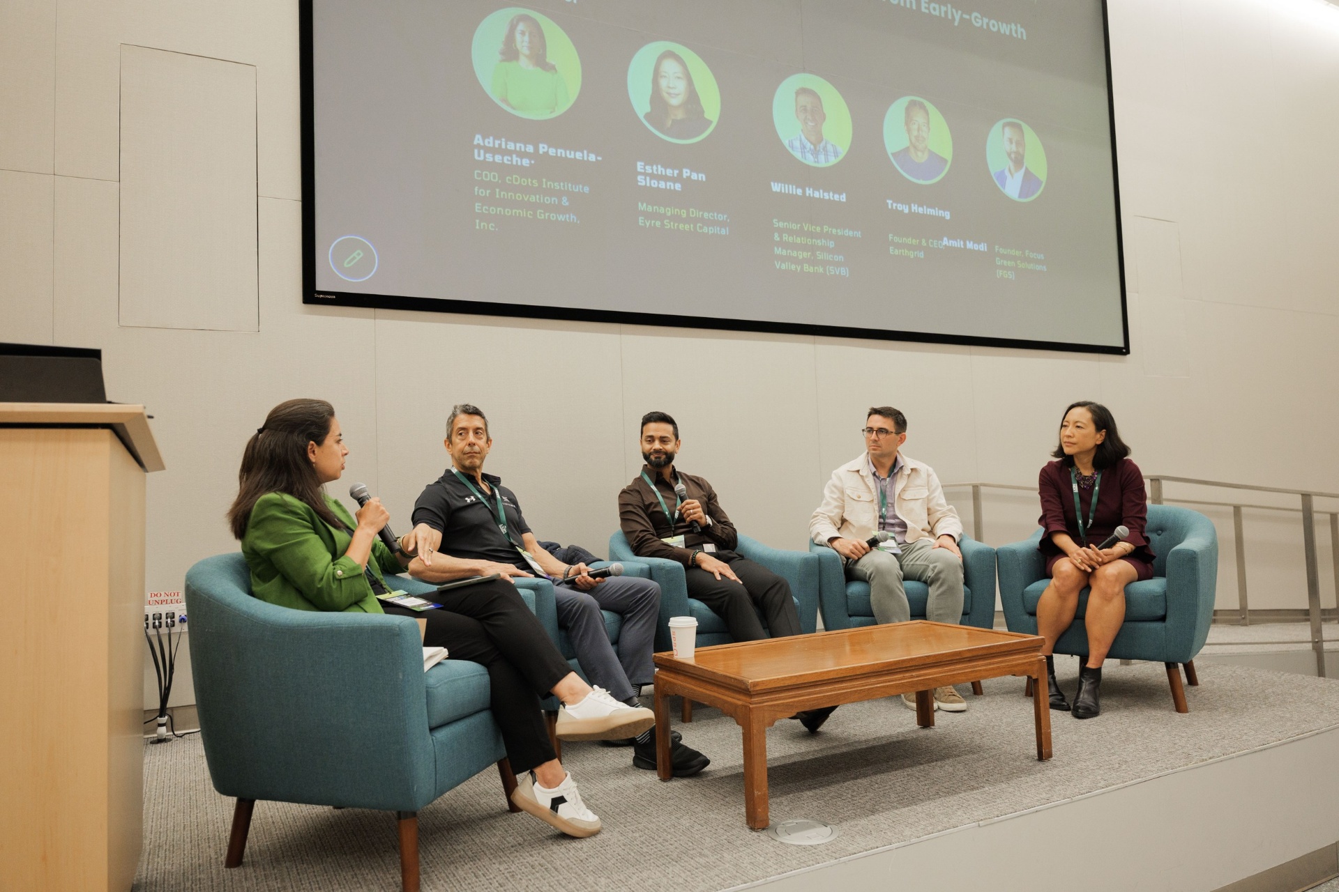Adriana Penuela-Useche moderating Panel 2 with Troy Helming, Amit Modi, Willie Halsted and Esther Pan Sloane at Capital Day