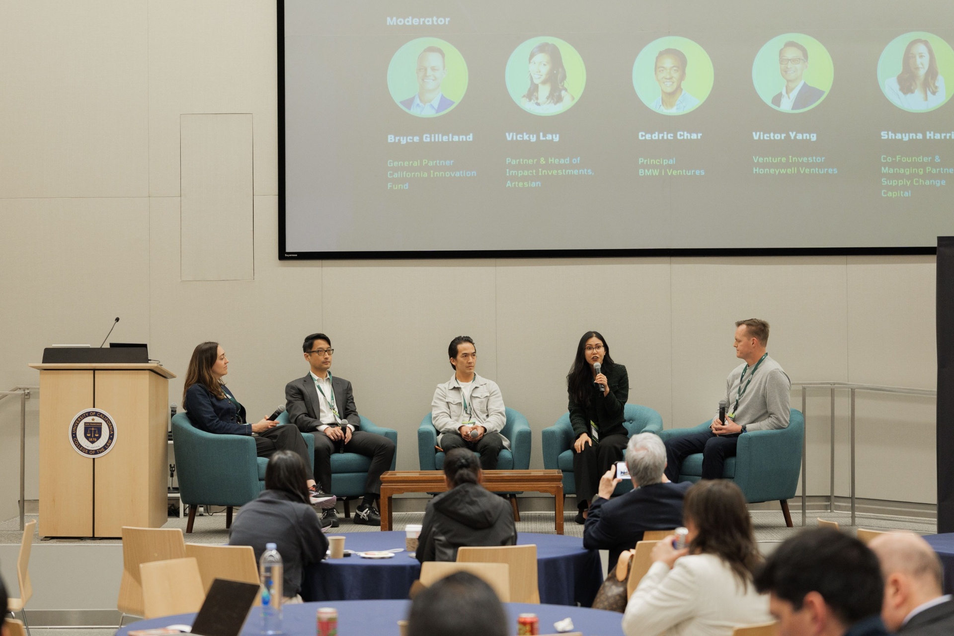 Capital Day VC panel at UC Law SF with Shayna Harris moderating Bryce Gilleland (California Innovation Fund), Vicky Lay (Artesian), Cedric Char (BMW i Ventures) and Victor Yang (Honeywell Ventures) beneath the speaker slide