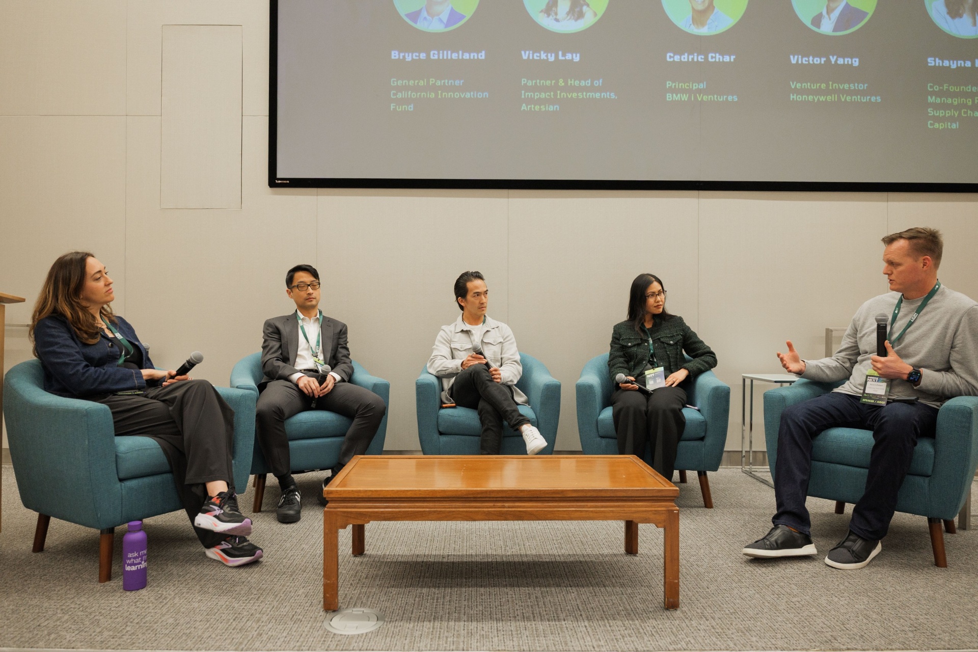 Wide shot of the Capital Day VC panel at UC Law SF with Shayna Harris of Supply Change Capital speaking to Bryce Gilleland, Vicky Lay, Cedric Char and Victor Yang