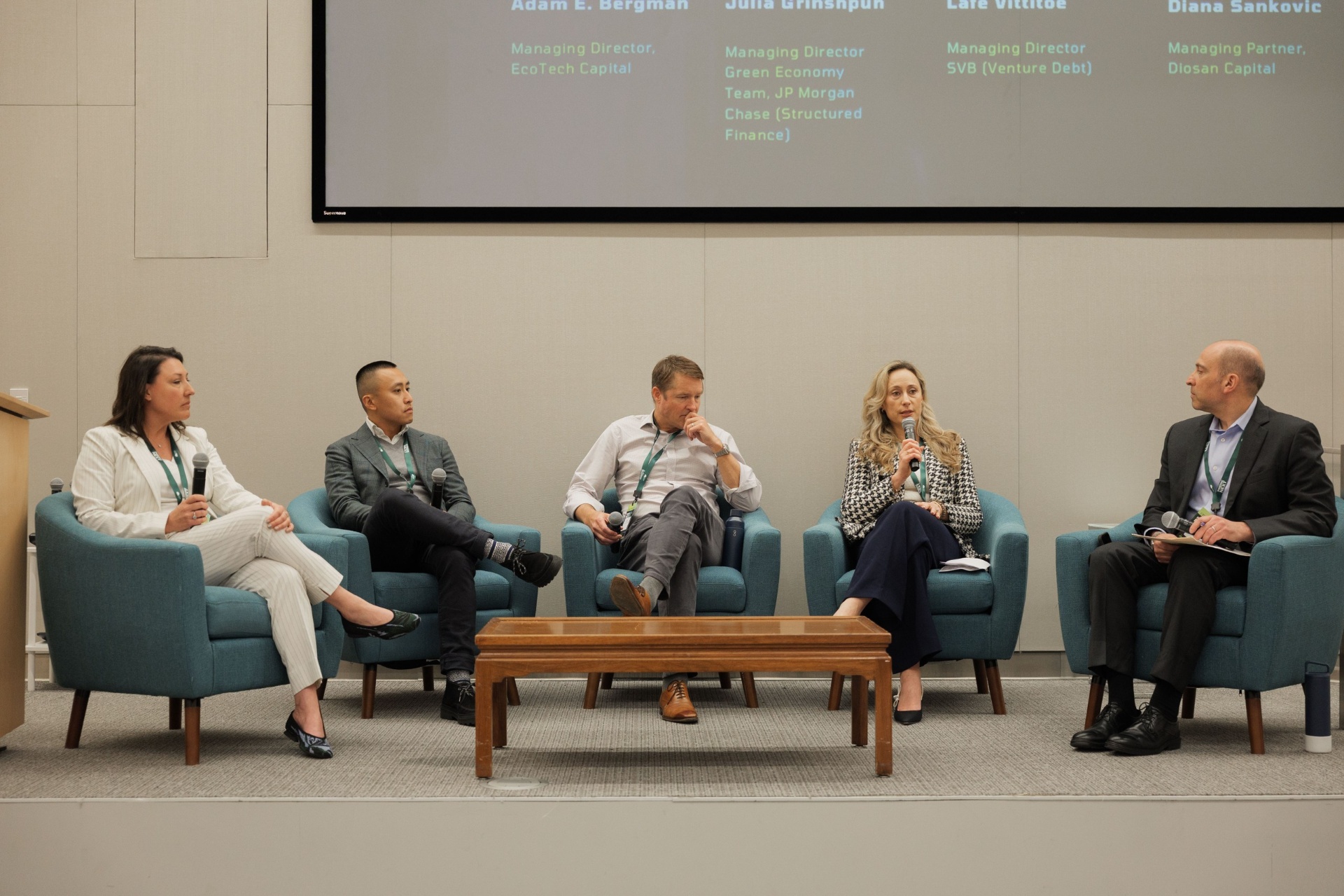 Capital Day debt and structured finance panel wide shot at UC Law SF with Adam E. Bergman (EcoTech Capital), Julia Grinshpun (JP Morgan Chase Green Economy Team), Lafe Vittitoe (SVB Venture Debt) and Diana Sankovic (Diosan Capital) beneath the speaker line-up slide
