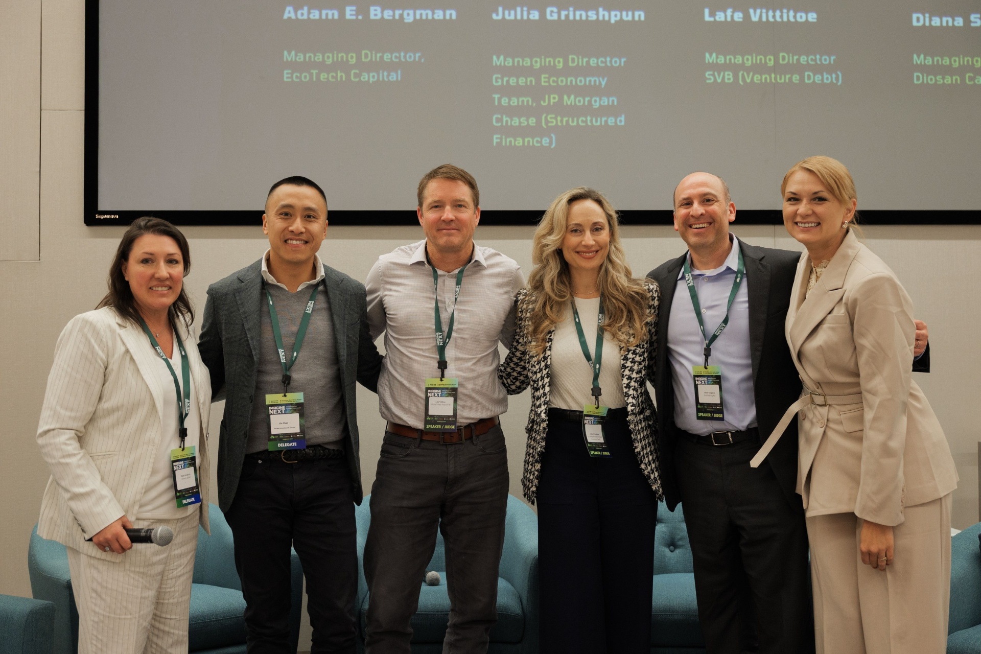 Capital Day Panel 4 'Beyond Priced Rounds' group photo — Diana Sankovic, Lin Chen, Lafe Vittitoe, Julia Grinshpun, Adam E. Bergman and a delegate beneath the speaker line-up slide at UC Law SF
