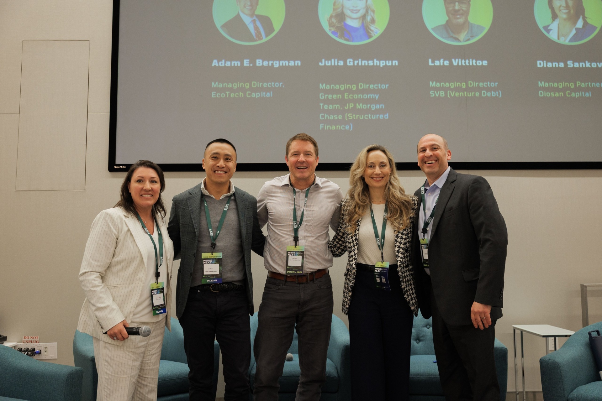 Capital Day Panel 4 'Beyond Priced Rounds: Venture Debt & Structured Capital for Growth' group photo on stage with Diana Sankovic, Lin Chen, Lafe Vittitoe, Julia Grinshpun and Adam E. Bergman