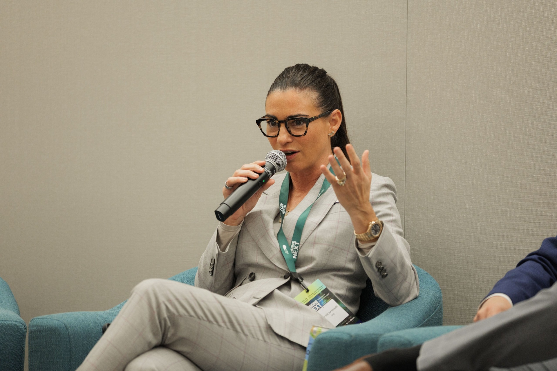 Dr. Tobi Ann Petrocelli, Head of Sustainable Investment Advisory & Senior Manager of Transaction Services at Arup, gesturing while speaking on Capital Day Panel 5 'From Growth to Bankability'