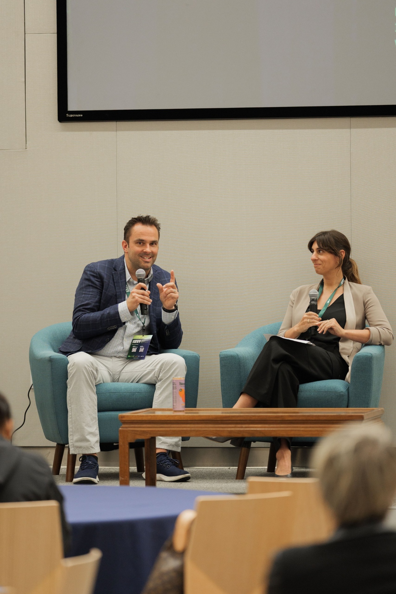 Dr. Ryan Gilliam of Fortera answering a question while Natalie Volpe of WOLLEMI listens during the Capital Day fireside chat 'Crossing the Deployment Valley — Founder Perspective'