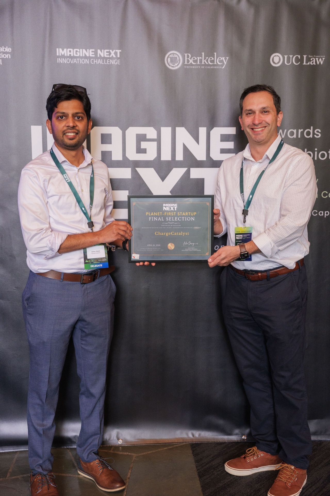 ChargeCatalyst team receiving the Planet-First Startup Final Selection certificate