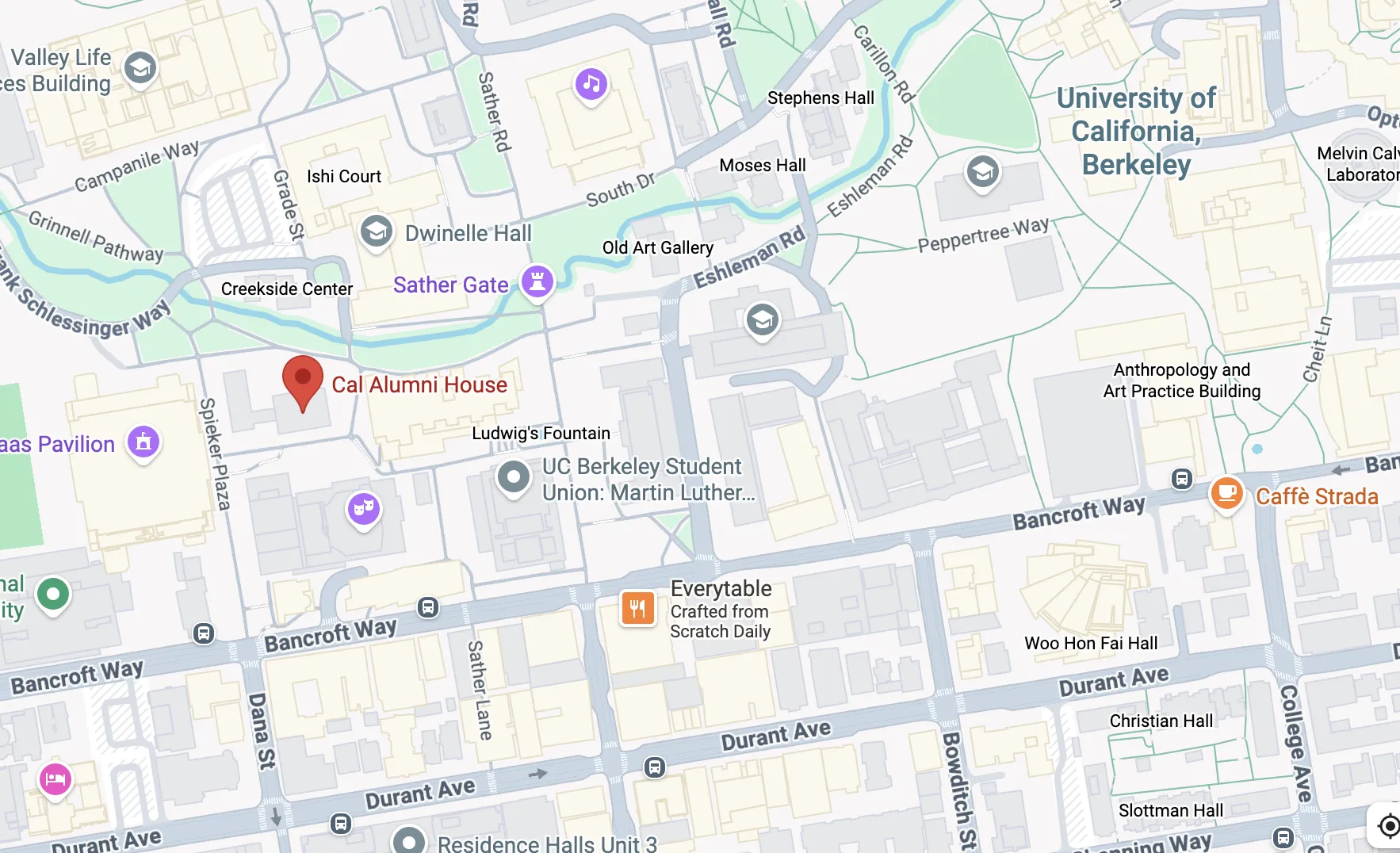 Map showing Cal Alumni House location near Bancroft Way and Dana St